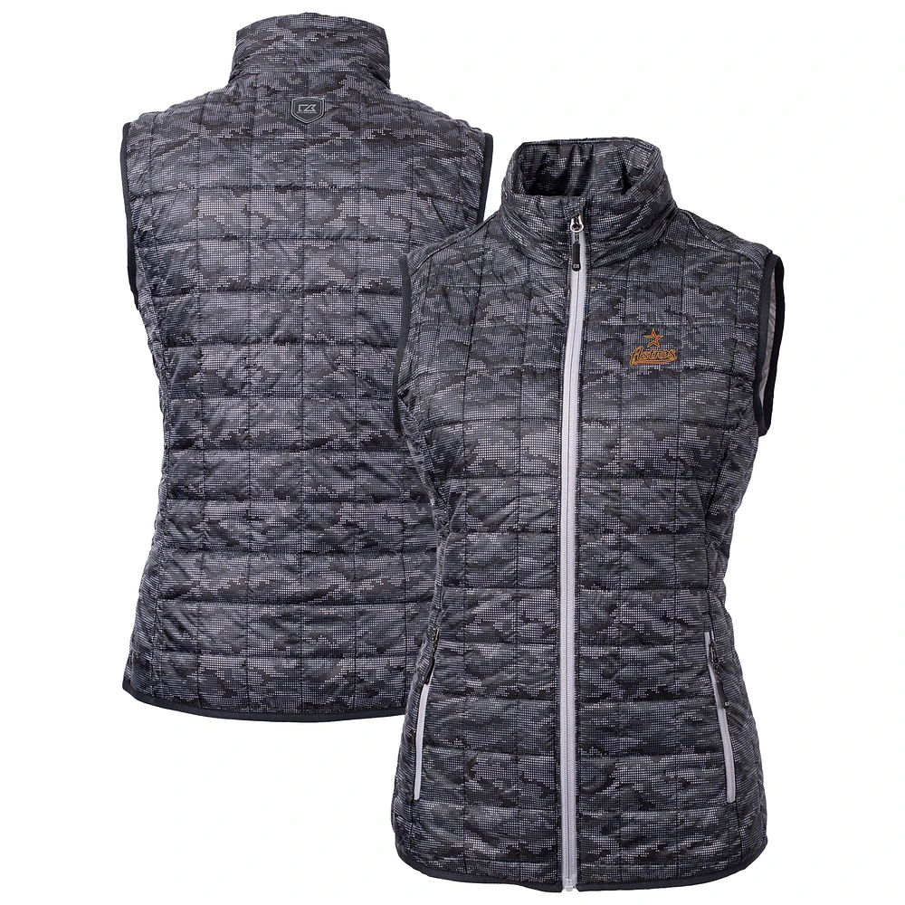 Women's Cutter & Buck Black Houston Astros Rainier PrimaLoft Eco Insulated Full-Zip Printed Puffer Vest