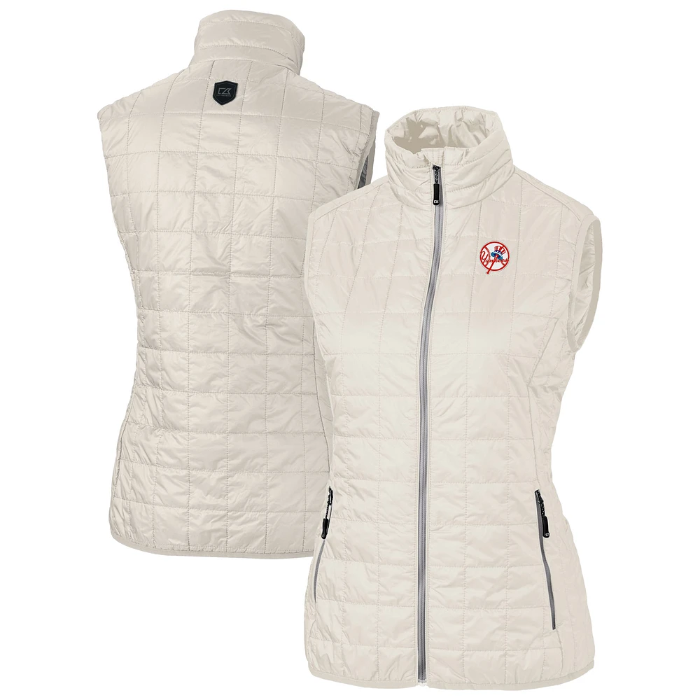 Women's Cutter & Buck Oatmeal New York Yankees Cooperstown Collection Rainier PrimaLoft Eco Insulated Full-Zip Puffer Vest