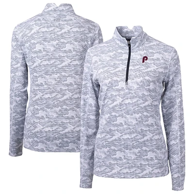 Women's Cutter & Buck Gray Philadelphia Phillies Cooperstown Collection Traverse Camo Print Stretch Quarter-Zip Top
