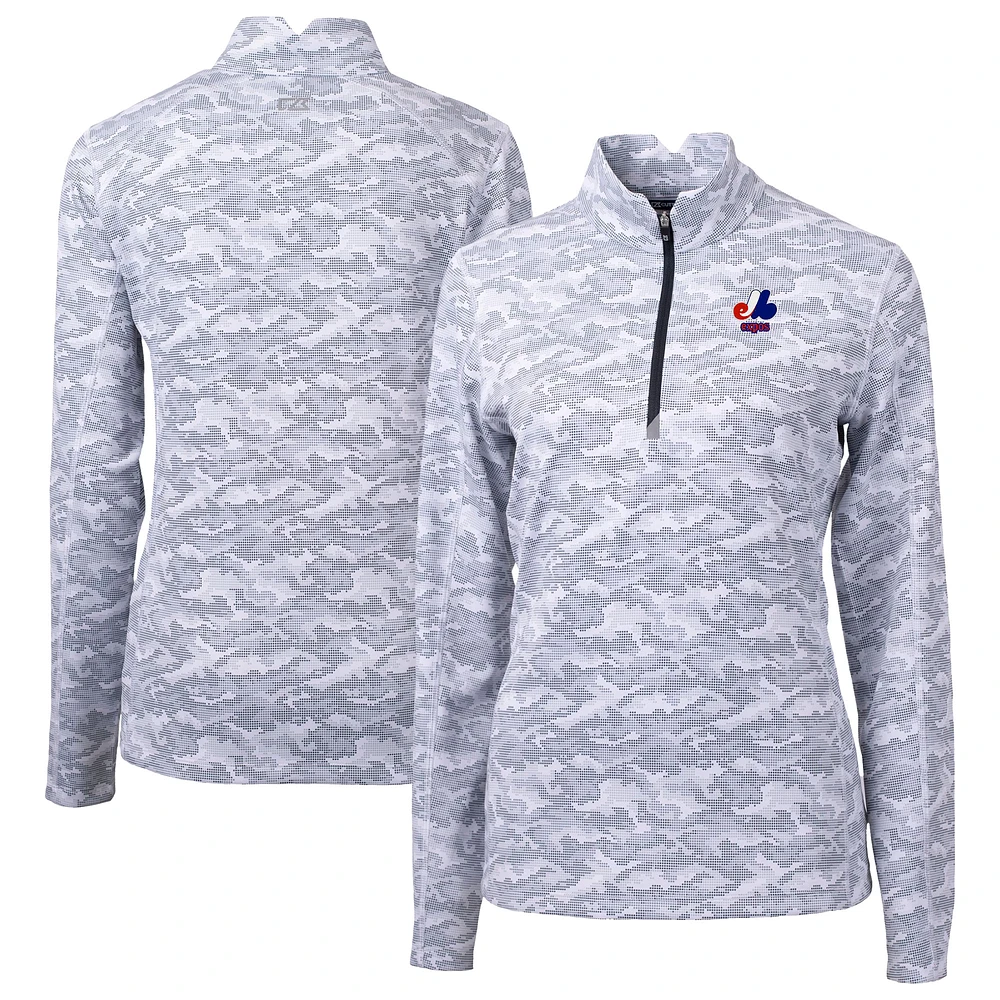 Women's Cutter & Buck Gray Montreal Expos Cooperstown Collection Traverse Camo Print Stretch Quarter-Zip Top