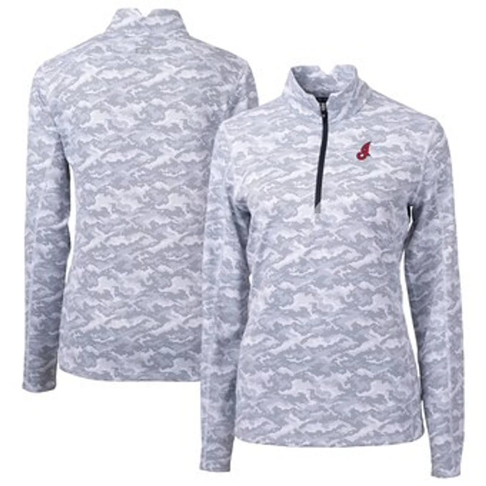 Women's Cutter & Buck Gray Cleveland Indians Cooperstown Collection Traverse Camo Print Stretch Quarter-Zip Top