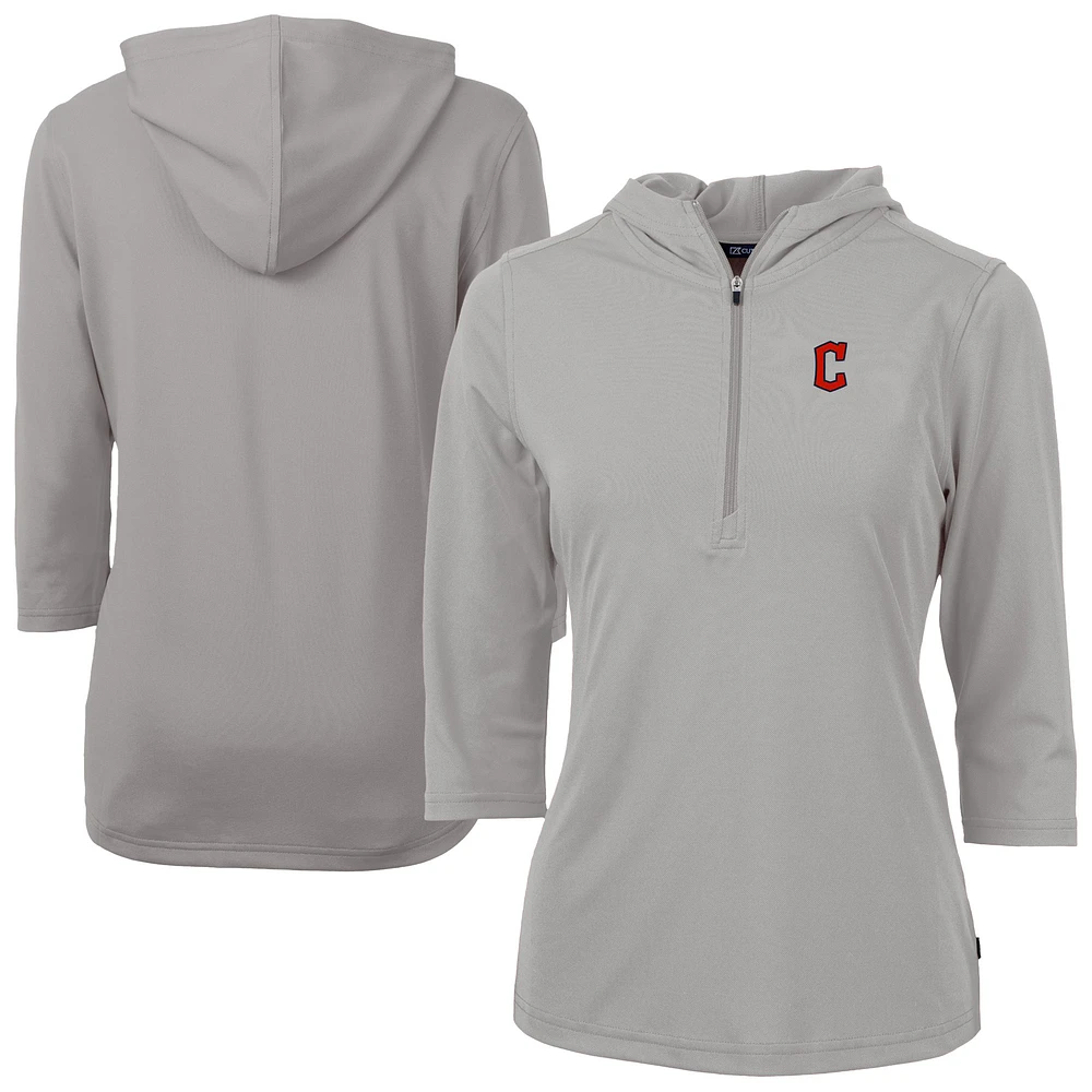 Women's Cutter & Buck Gray Cleveland Guardians DryTec Virtue Eco Pique Recycled 3/4-Sleeve Half-Zip Pullover Hoodie
