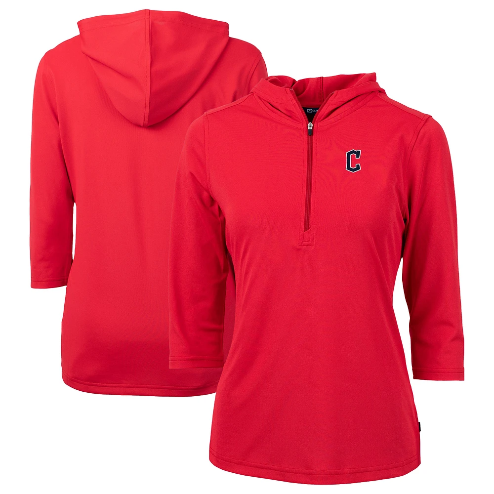 Women's Cutter & Buck Red Cleveland Guardians DryTec Virtue Eco Pique Recycled 3/4-Sleeve Half-Zip Pullover Hoodie