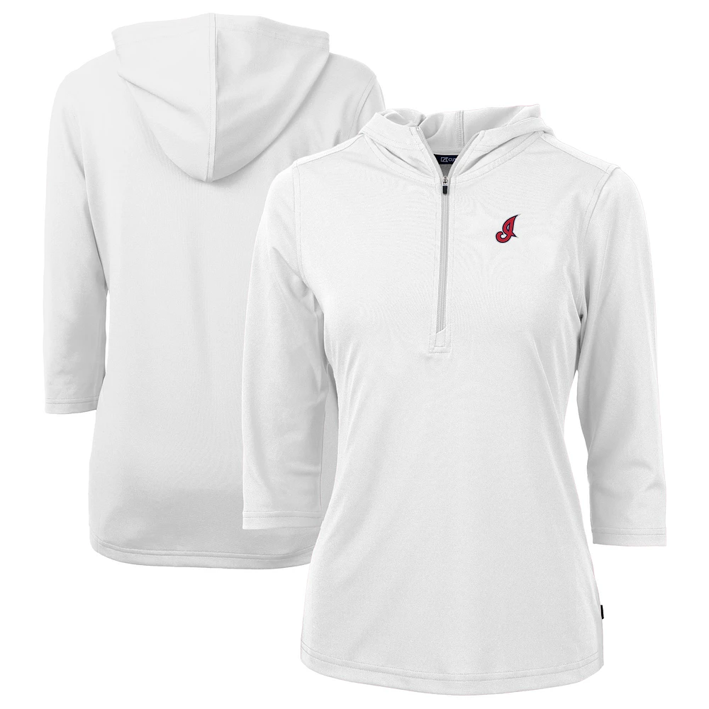 Women's Cutter & Buck White Cleveland Indians Cooperstown Collection DryTec Virtue Eco Pique Recycled 3/4-Sleeve Half-Zip Pullover Hoodie