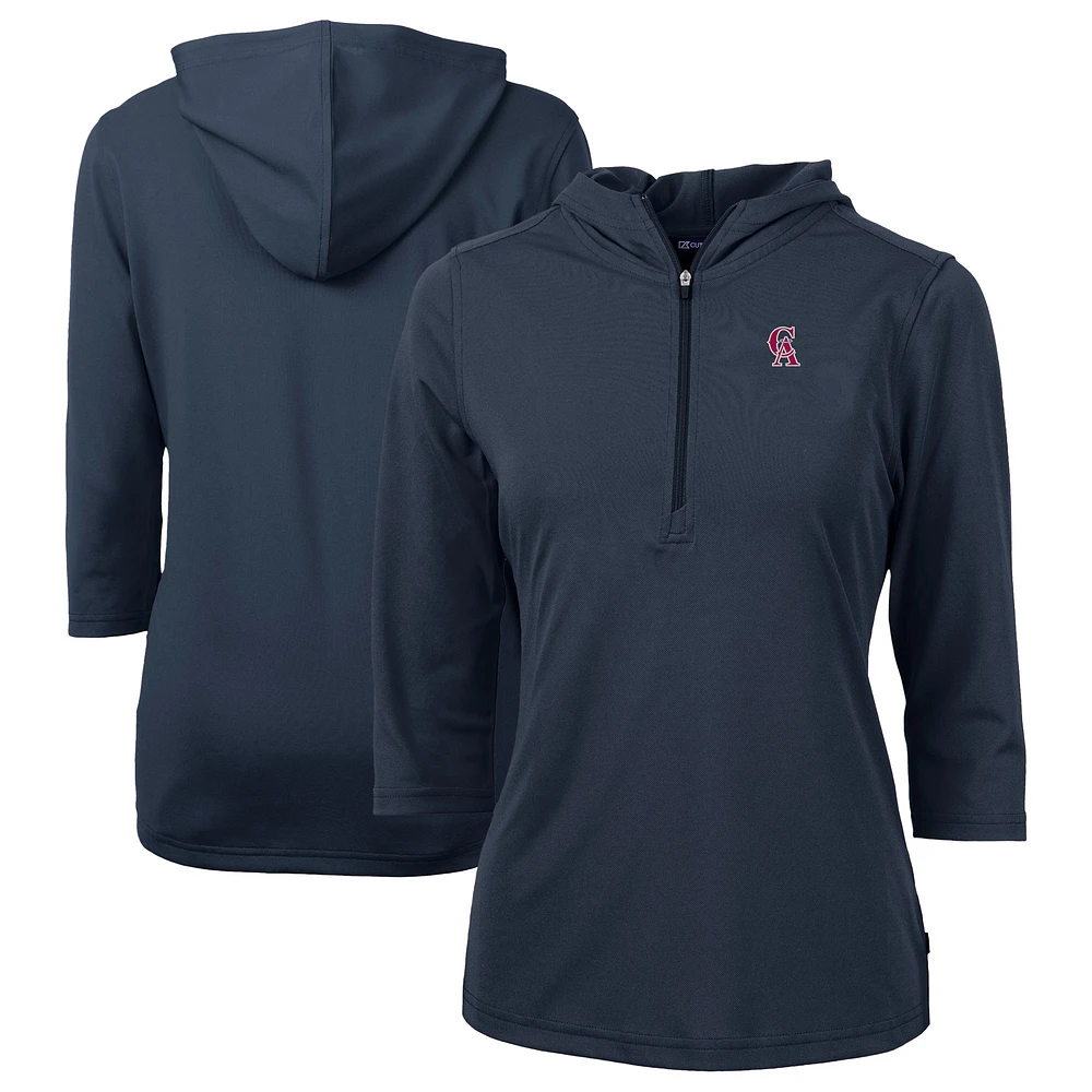 Women's Cutter & Buck Navy California Angels Cooperstown Collection DryTec Virtue Eco Pique Recycled 3/4-Sleeve Half-Zip Pullover Hoodie