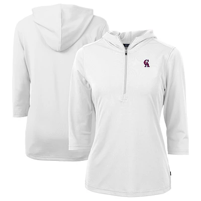 Women's Cutter & Buck White California Angels Cooperstown Collection DryTec Virtue Eco Pique Recycled 3/4-Sleeve Half-Zip Pullover Hoodie