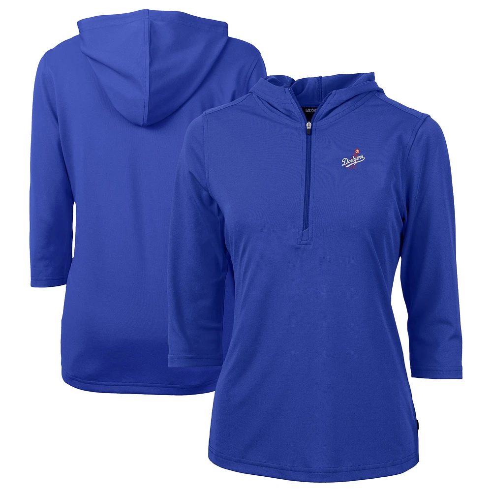 Women's Cutter & Buck Blue Los Angeles Dodgers DryTec Virtue Eco Pique Recycled 3/4-Sleeve Half-Zip Pullover Hoodie