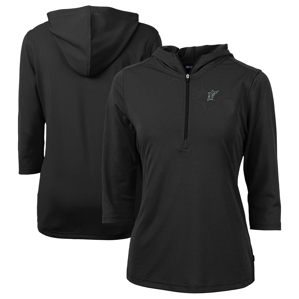 Women's Cutter & Buck Black Florida Marlins Cooperstown Collection DryTec Virtue Eco Pique Recycled 3/4-Sleeve Half-Zip Pullover Hoodie