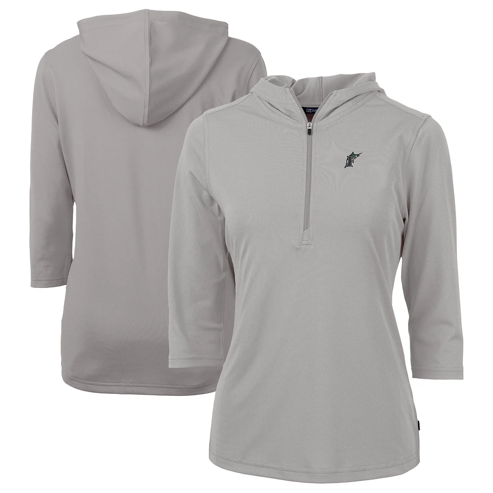 Women's Cutter & Buck Gray Florida Marlins Cooperstown Collection DryTec Virtue Eco Pique Recycled 3/4-Sleeve Half-Zip Pullover Hoodie