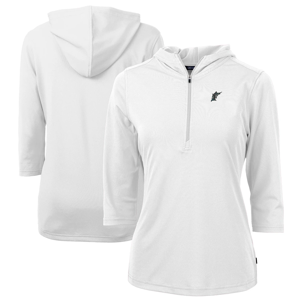 Women's Cutter & Buck White Florida Marlins Cooperstown Collection DryTec Virtue Eco Pique Recycled 3/4-Sleeve Half-Zip Pullover Hoodie
