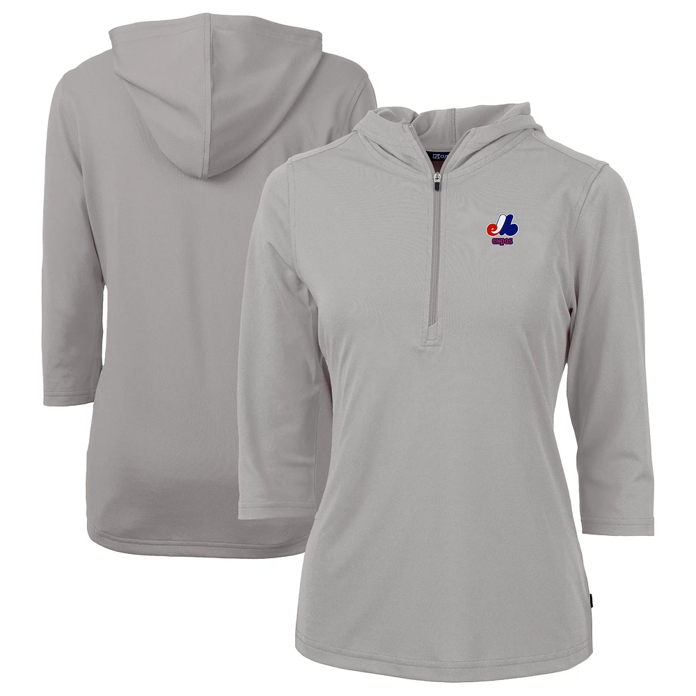 Women's Cutter & Buck Gray Montreal Expos Cooperstown Collection DryTec Virtue Eco Pique Recycled 3/4-Sleeve Half-Zip Pullover Hoodie