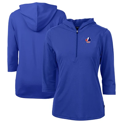 Women's Cutter & Buck Blue Montreal Expos Cooperstown Collection DryTec Virtue Eco Pique Recycled 3/4-Sleeve Half-Zip Pullover Hoodie