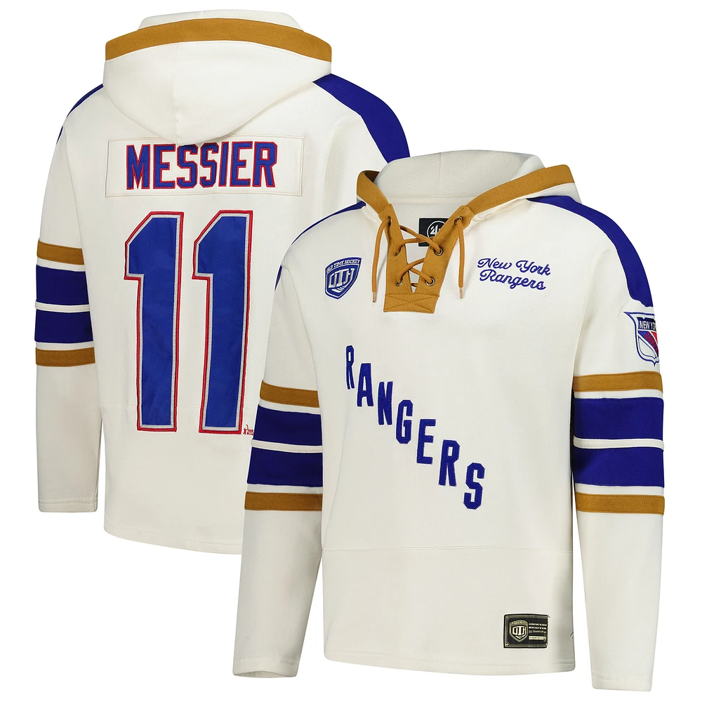 Men's '47 Mark Messier Cream New York Rangers Blue Line Heritage Name & Number Lace-Up Pullover Hoodie