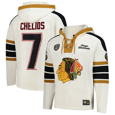 Men's '47 Chris Chelios Cream Chicago Blackhawks Blue Line Heritage Name & Number Lace-Up Pullover Hoodie