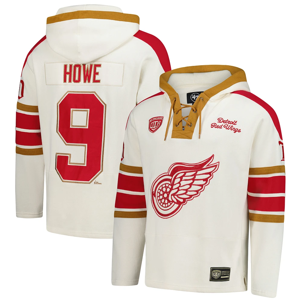 Men's '47 Gordie Howe Cream Detroit Red Wings Blue Line Heritage Name & Number Lace-Up Pullover Hoodie