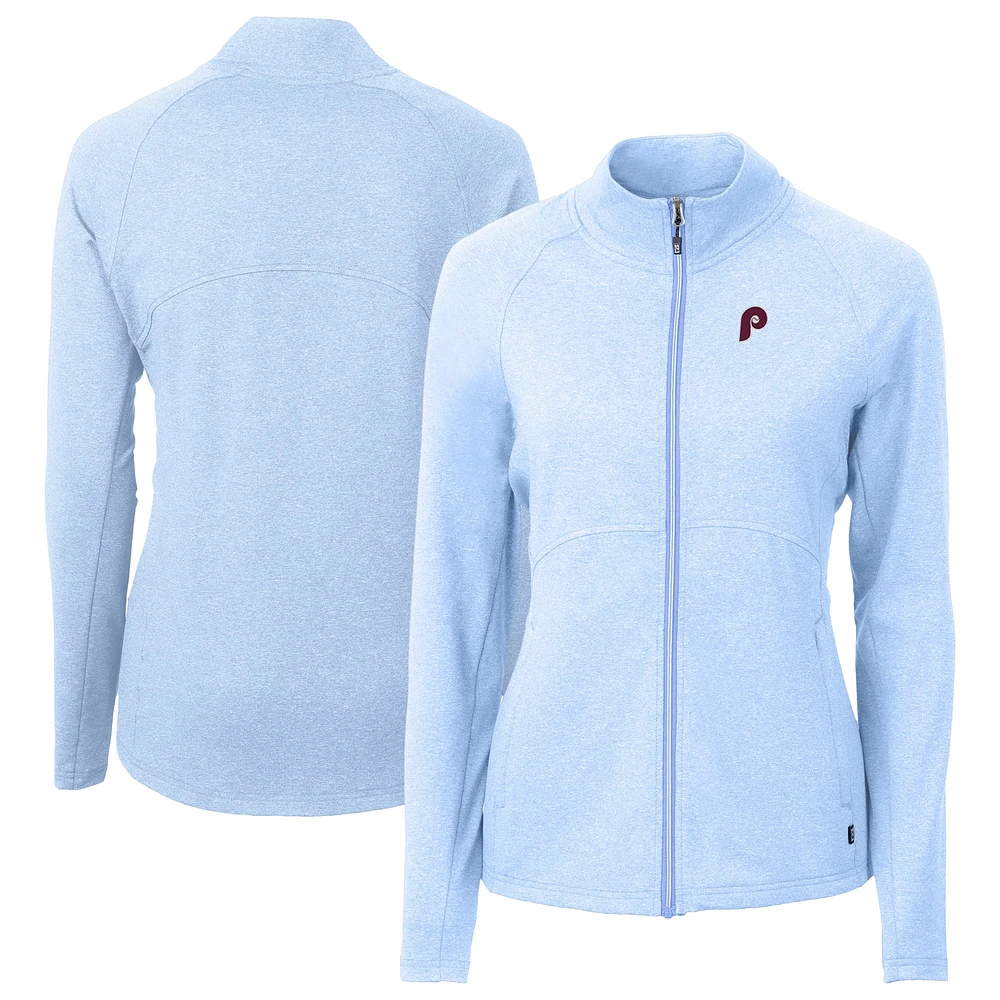 Women's Cutter & Buck Heather Powder Blue Philadelphia Phillies Cooperstown Collection Adapt Eco Knit Hybrid Recycled Full-Zip Jacket
