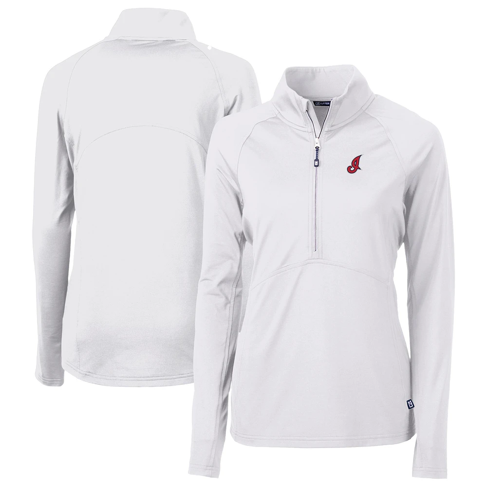 Women's Cutter & Buck White Cleveland Indians Cooperstown Collection DryTec Adapt Eco Knit Stretch Recycled Raglan Half-Zip Top