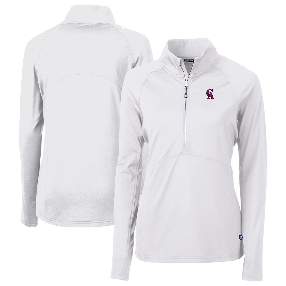 Women's Cutter & Buck White California Angels Cooperstown Collection DryTec Adapt Eco Knit Stretch Recycled Raglan Half-Zip Top