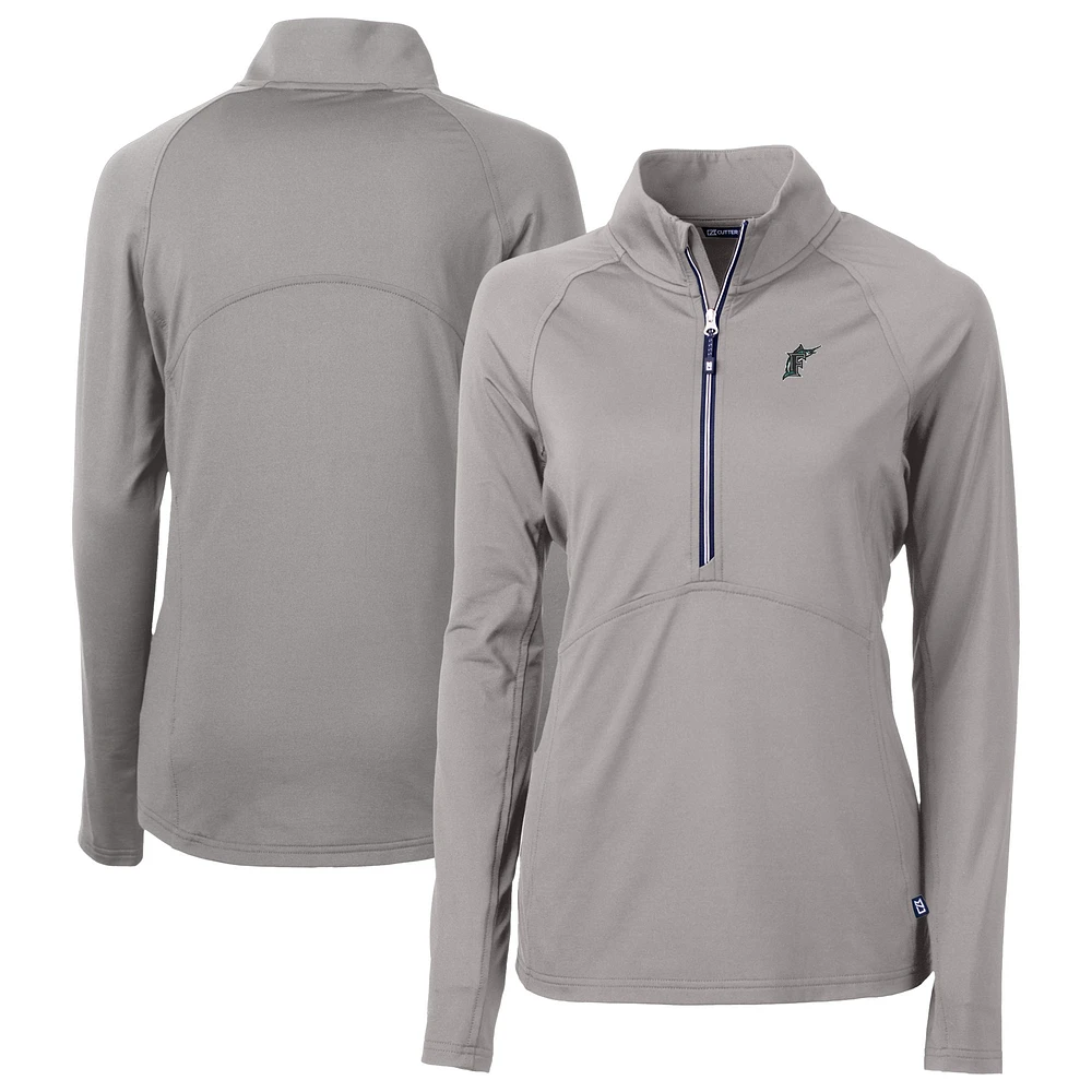Women's Cutter & Buck Gray Florida Marlins Cooperstown Collection DryTec Adapt Eco Knit Stretch Recycled Raglan Half-Zip Top