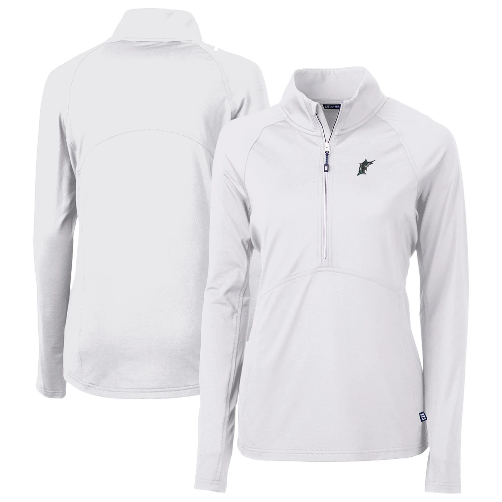 Women's Cutter & Buck White Florida Marlins Cooperstown Collection DryTec Adapt Eco Knit Stretch Recycled Raglan Half-Zip Top
