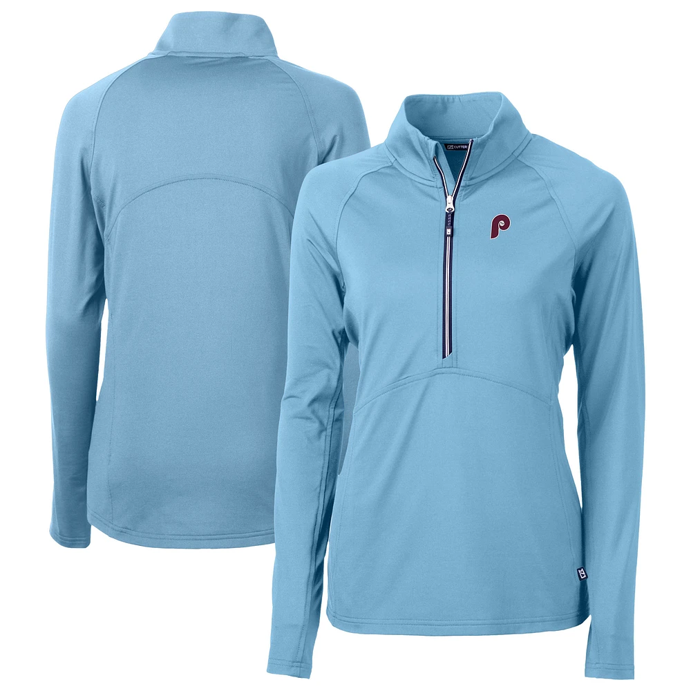 Women's Cutter & Buck Powder Blue Philadelphia Phillies Cooperstown Collection DryTec Adapt Eco Knit Stretch Recycled Raglan Half-Zip Top
