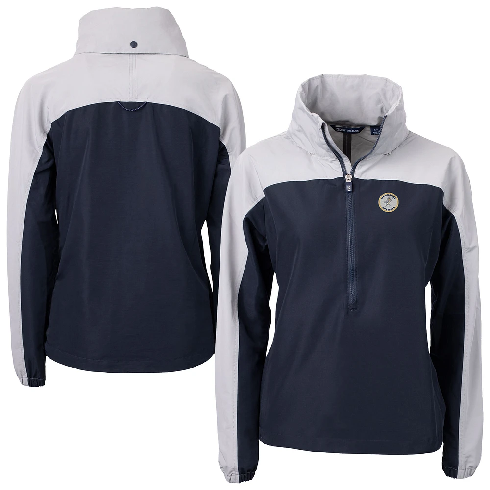 Women's Cutter & Buck Navy/Gray Milwaukee Brewers Cooperstown Collection Charter Eco Recycled Half-Zip Anorak Jacket