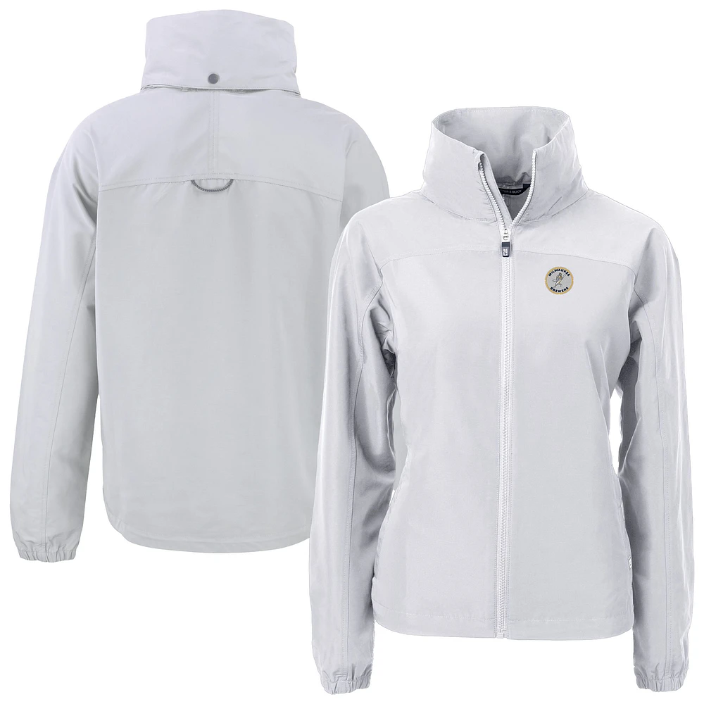 Women's Cutter & Buck Gray Milwaukee Brewers Cooperstown Collection Charter Eco Recycled Full-Zip Jacket