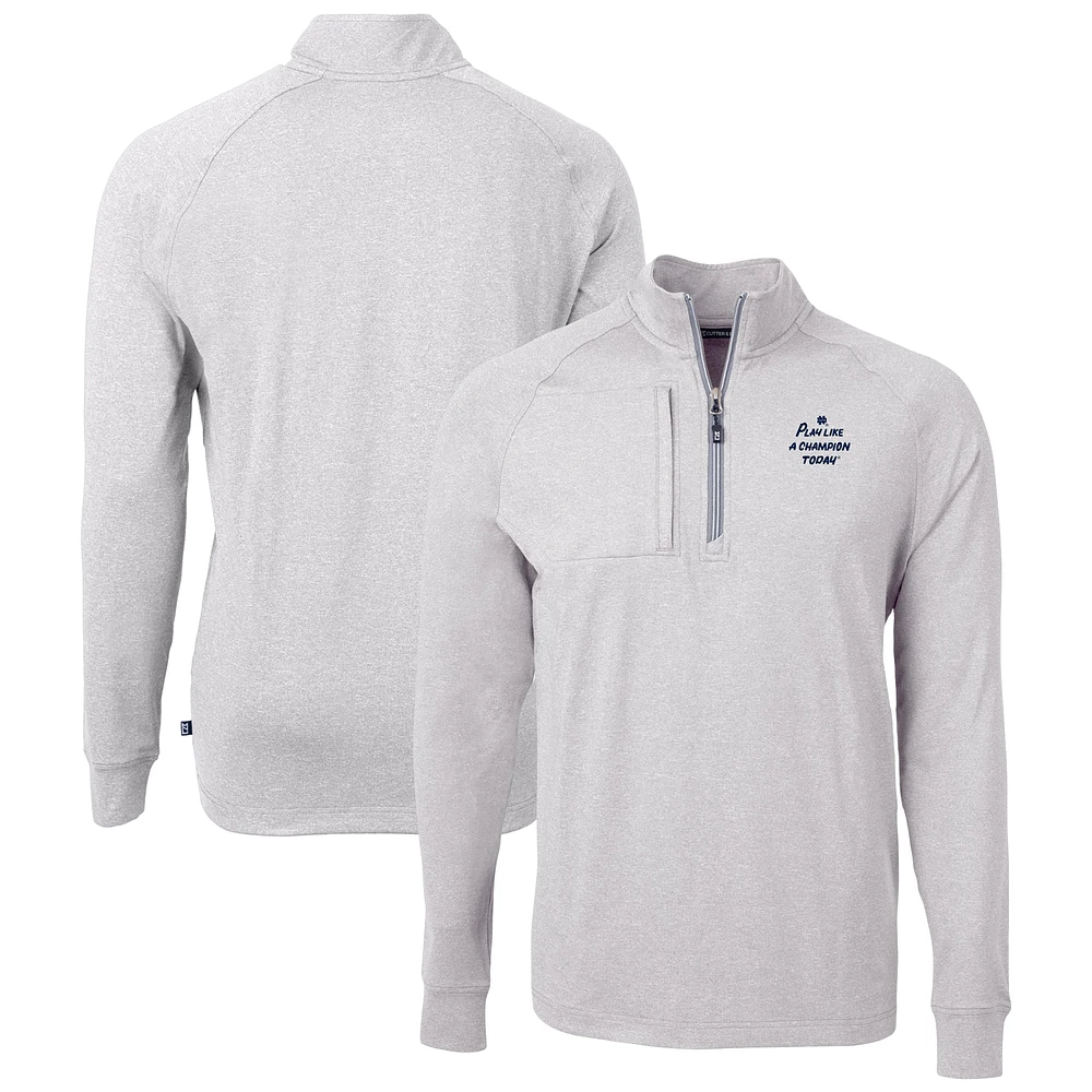 Men's Cutter & Buck Heather Gray Notre Dame Fighting Irish Play Like A Champion Today Big Tall Adapt Eco Knit Raglan Quarter-Zip Top