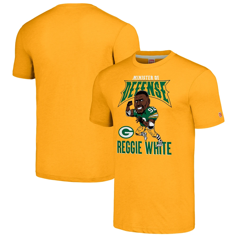 Men's Homage Reggie White Gold Green Bay Packers Caricature Retired Player Tri-Blend T-Shirt