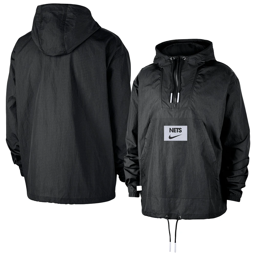 Men's Nike Black Brooklyn Nets Courtside Premium Club Anorak Quarter-Zip Hoodie Jacket