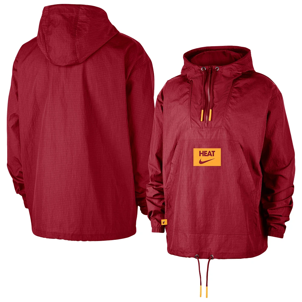 Men's Nike Red Miami Heat Courtside Premium Club Anorak Quarter-Zip Hoodie Jacket