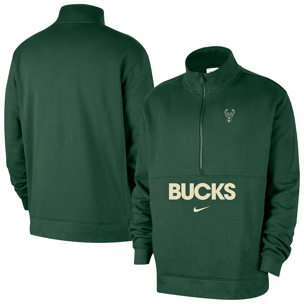 Men's Nike Hunter Green Milwaukee Bucks Courtside Club Half-Zip Jacket