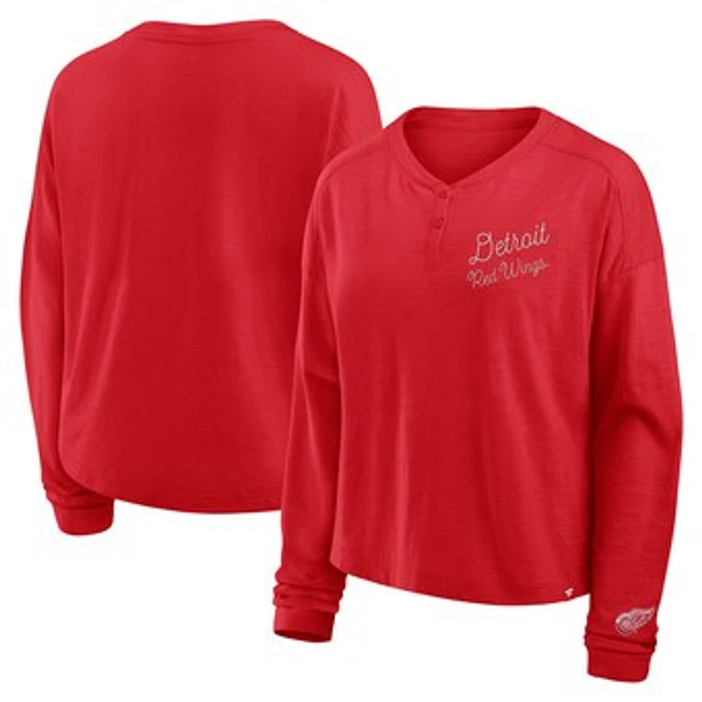 Women's Fanatics Red Detroit Wings Oversized All Out Effort Long Sleeve Henley T-Shirt