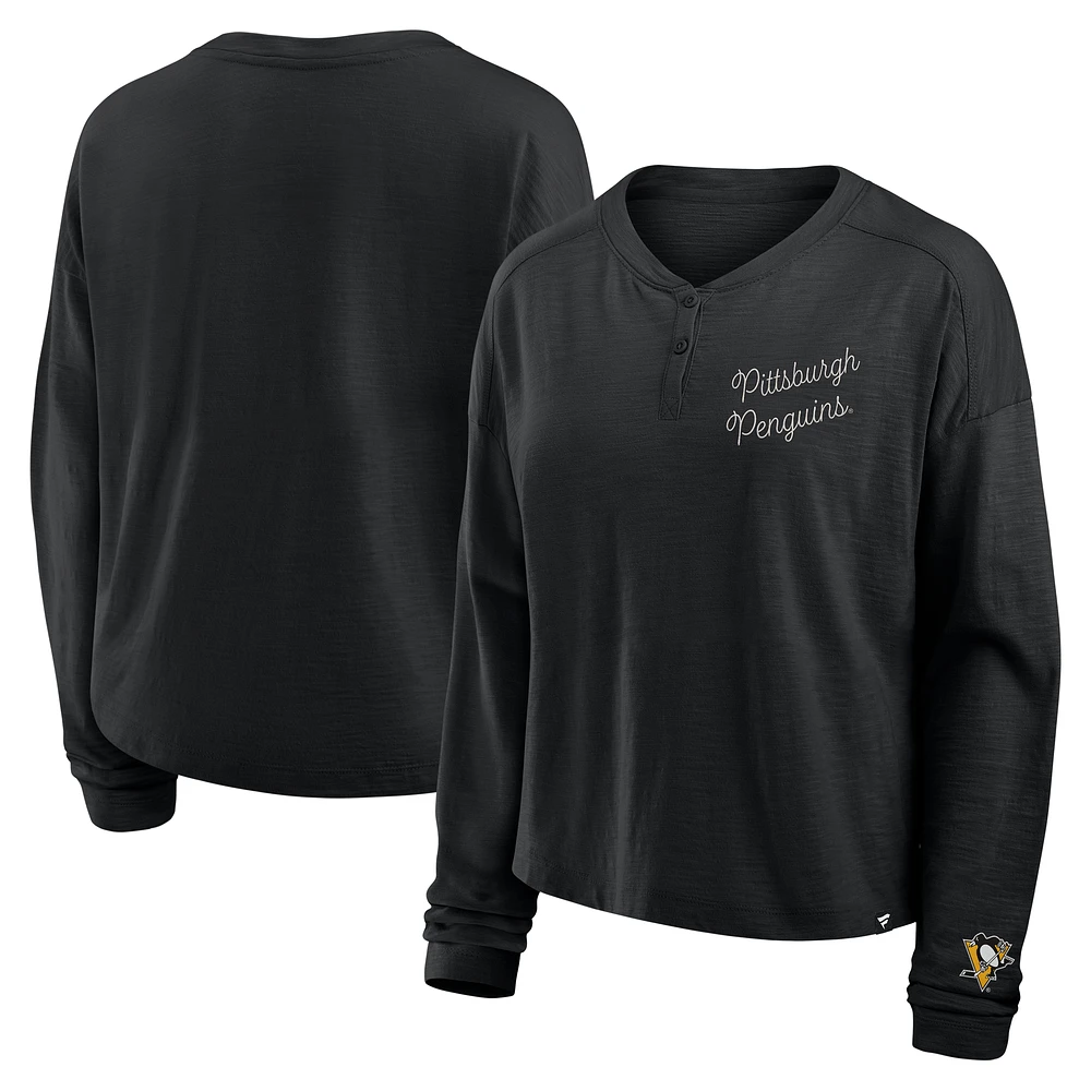 Women's Fanatics Black Pittsburgh Penguins Oversized All Out Effort Long Sleeve Henley T-Shirt