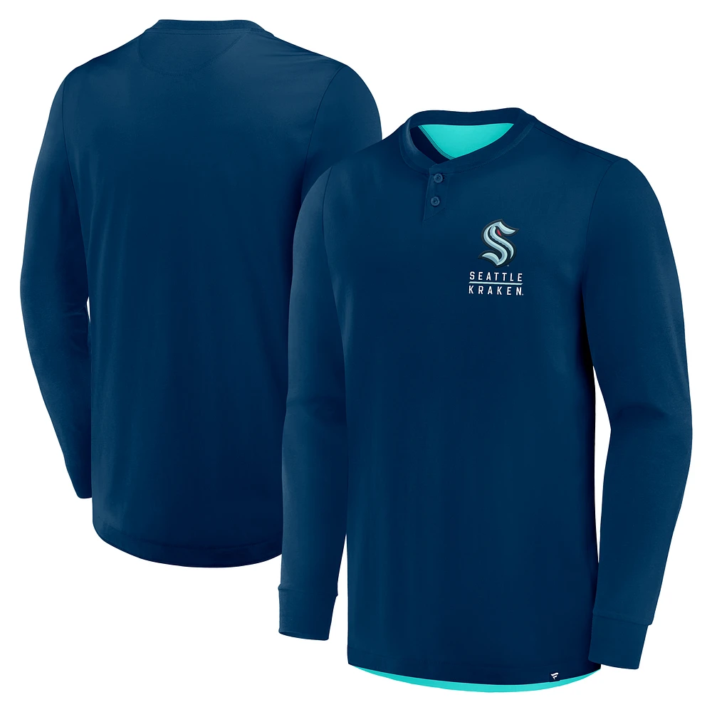 Men's Fanatics Deep Sea Blue Seattle Kraken Adrenaline Push Long Sleeve Henley Shirt
