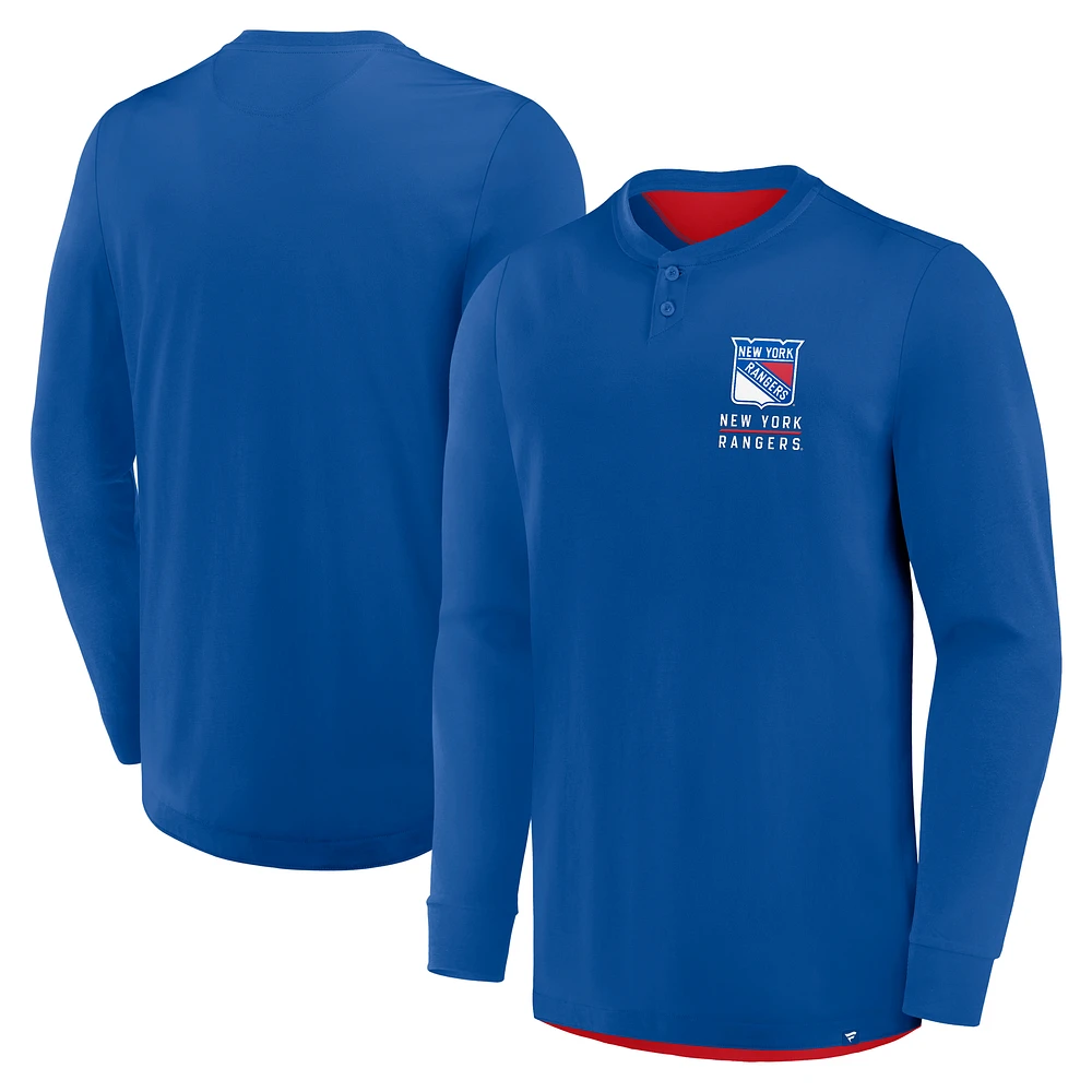 Men's Fanatics Blue New York Rangers Adrenaline Push Long Sleeve Henley Shirt