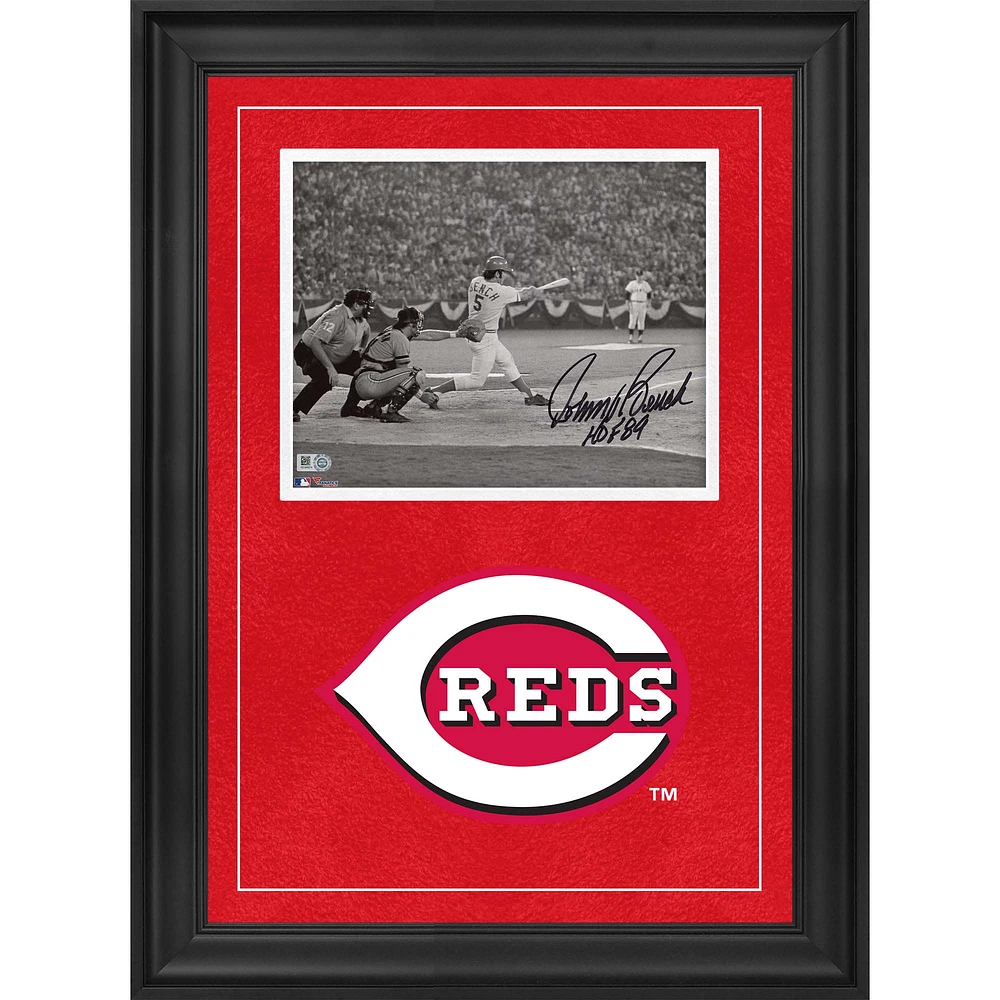 Johnny Bench Cincinnati Reds Autographed Deluxe Framed 8'' x 10'' Black & White Hitting Photograph with "HOF 89" Inscription
