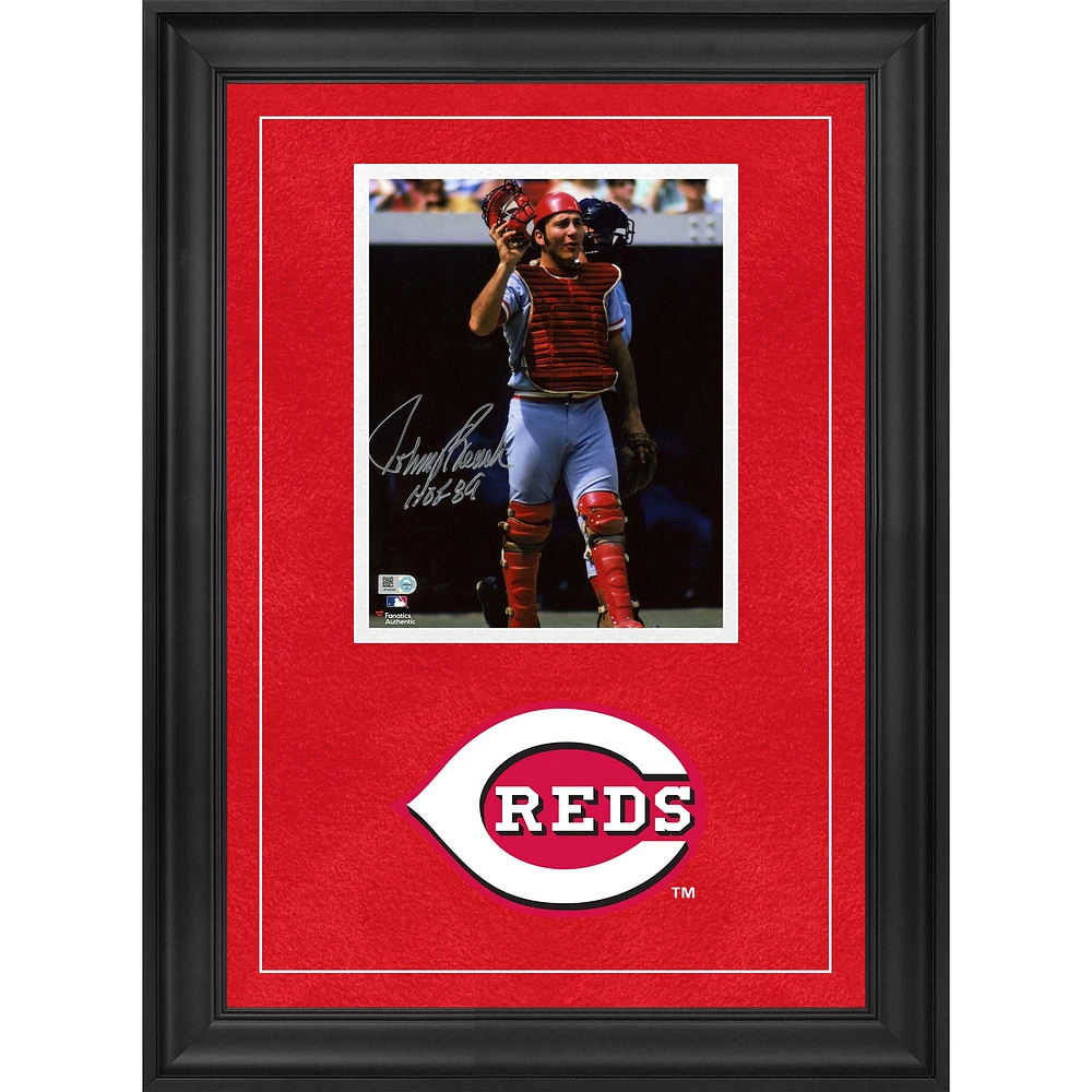 Johnny Bench Cincinnati Reds Autographed Deluxe Framed 8" x 10" In Catchers Gear Photograph with "HOF 89" Inscription