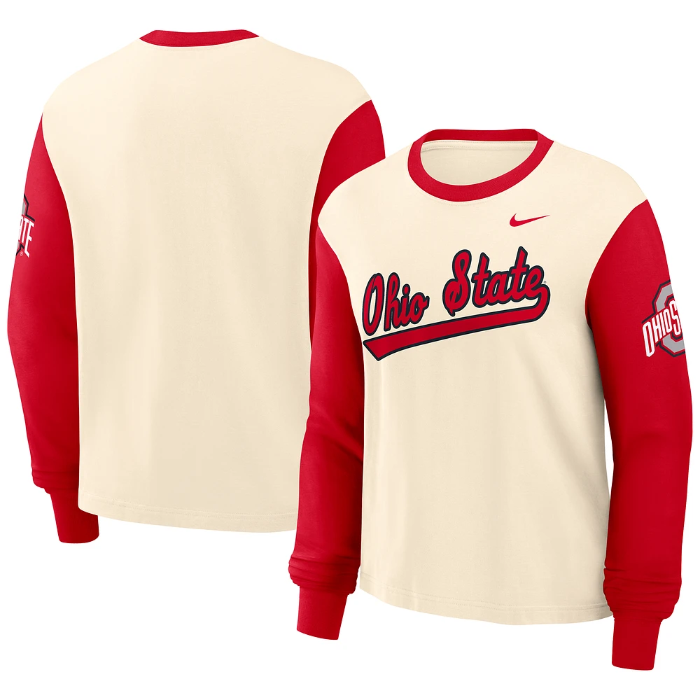 Women's Nike Natural/Scarlet Ohio State Buckeyes Color-Block Boxy Long Sleeve T-Shirt