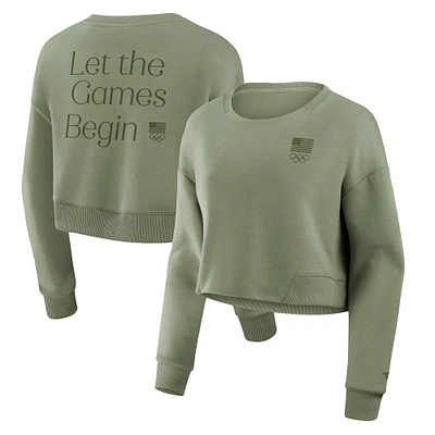 Women's Fanatics Olive Team USA Studio Tri-Blend Cropped Pullover Sweatshirt