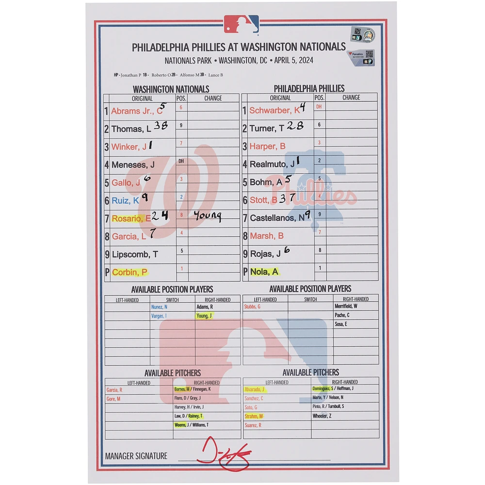 Washington Nationals Game-Used Lineup Card vs. Philadelphia Phillies on April 5, 2024