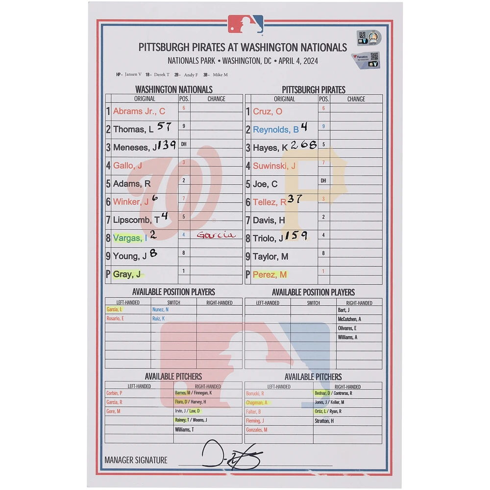 Washington Nationals Game-Used Lineup Card vs. Pittsburgh Pirates on April 4, 2024
