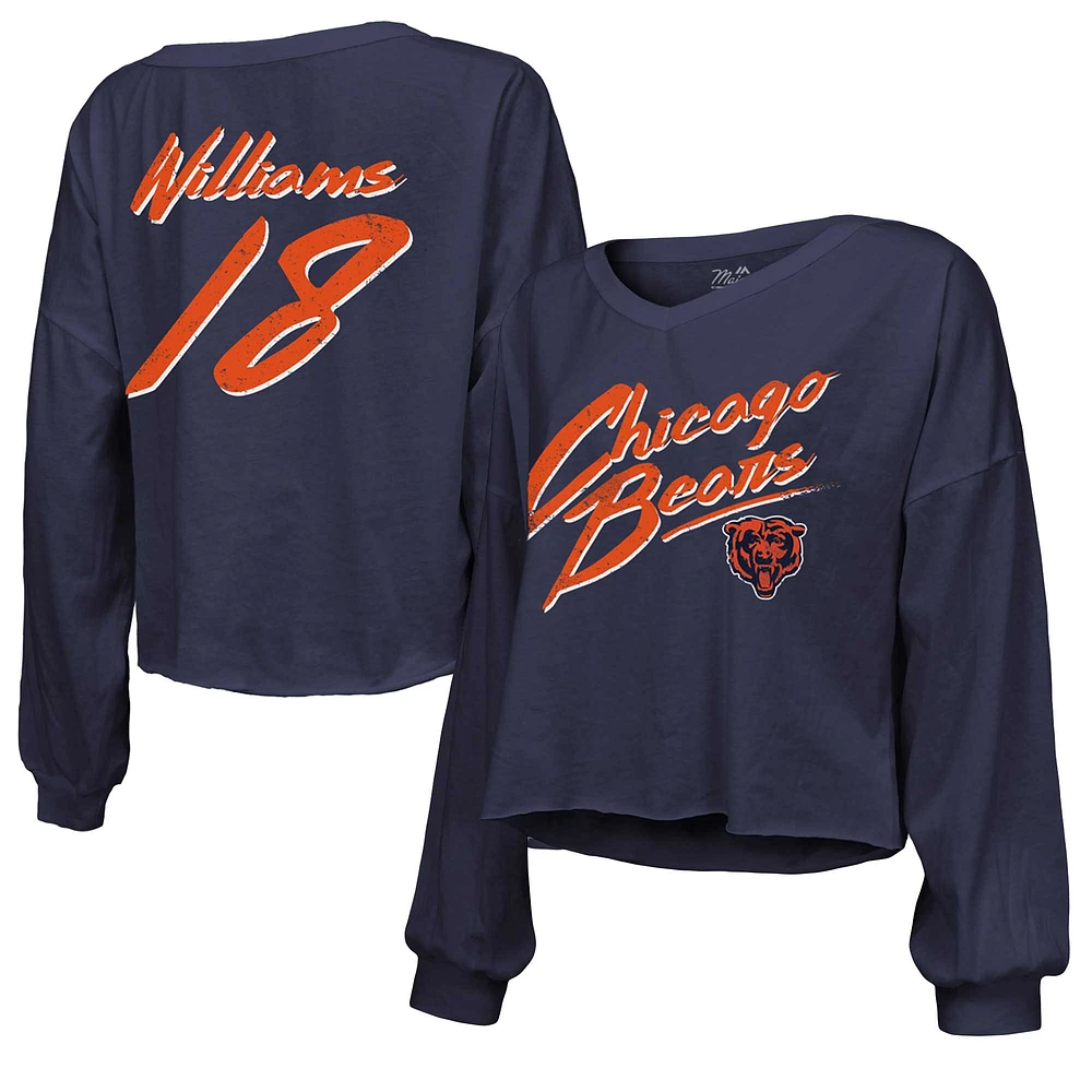Women's Majestic Threads Caleb Williams Navy Chicago Bears Name & Number Off-Shoulder Script Cropped Long Sleeve Relaxed V-Neck T-Shirt