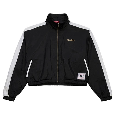 Women's Mitchell & Ness Black Pittsburgh Steelers Nylon Cropped Full-Zip Jacket