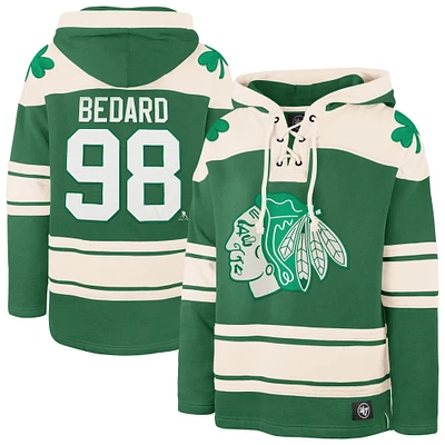 Men's '47 Connor Bedard Kelly Green Chicago Blackhawks St. Patrick's Day Player Name & Number Lacer Pullover Hoodie