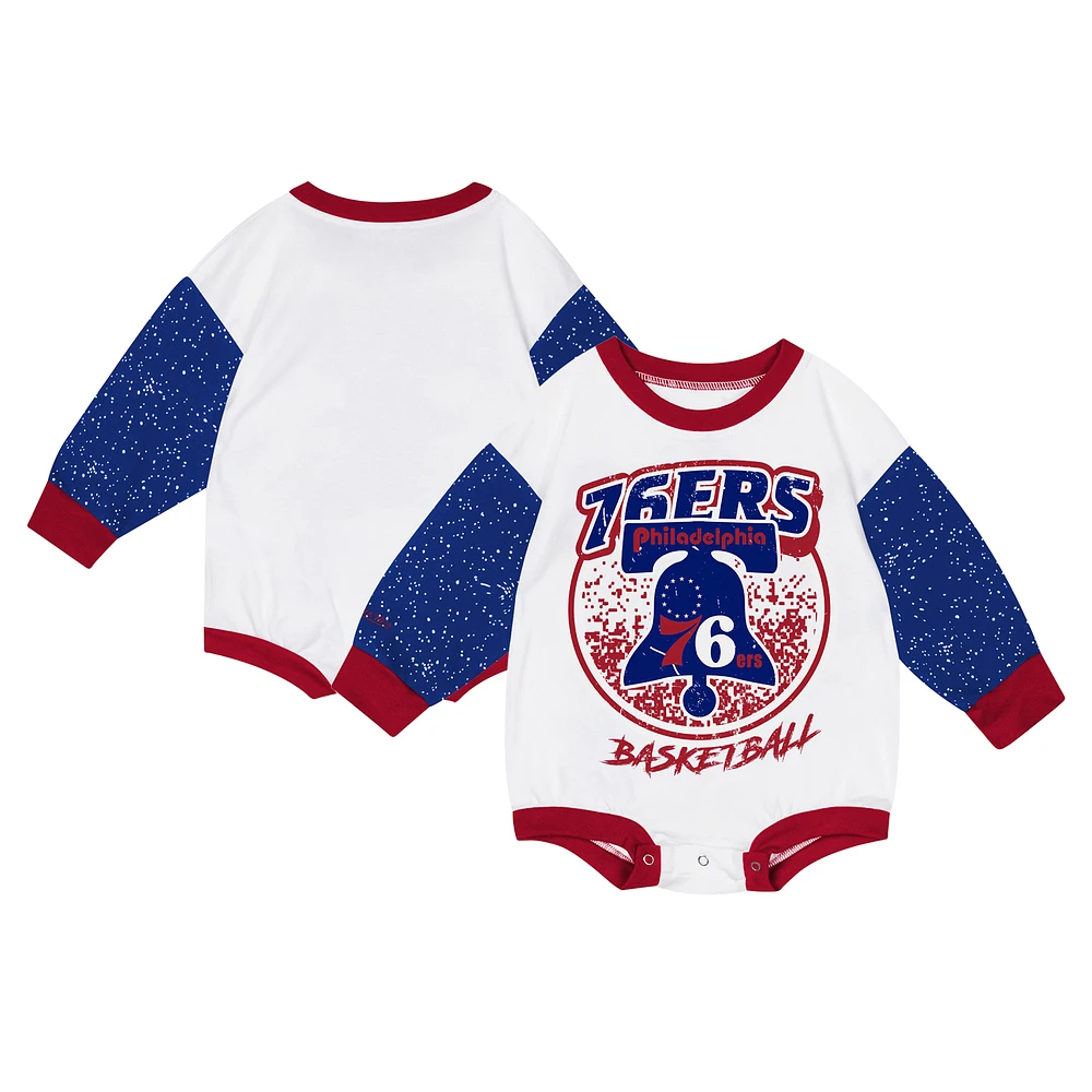 Infant Mitchell & Ness White Philadelphia 76ers Hardwood Classics Posterboard Oversize Long Sleeve Bodysuit