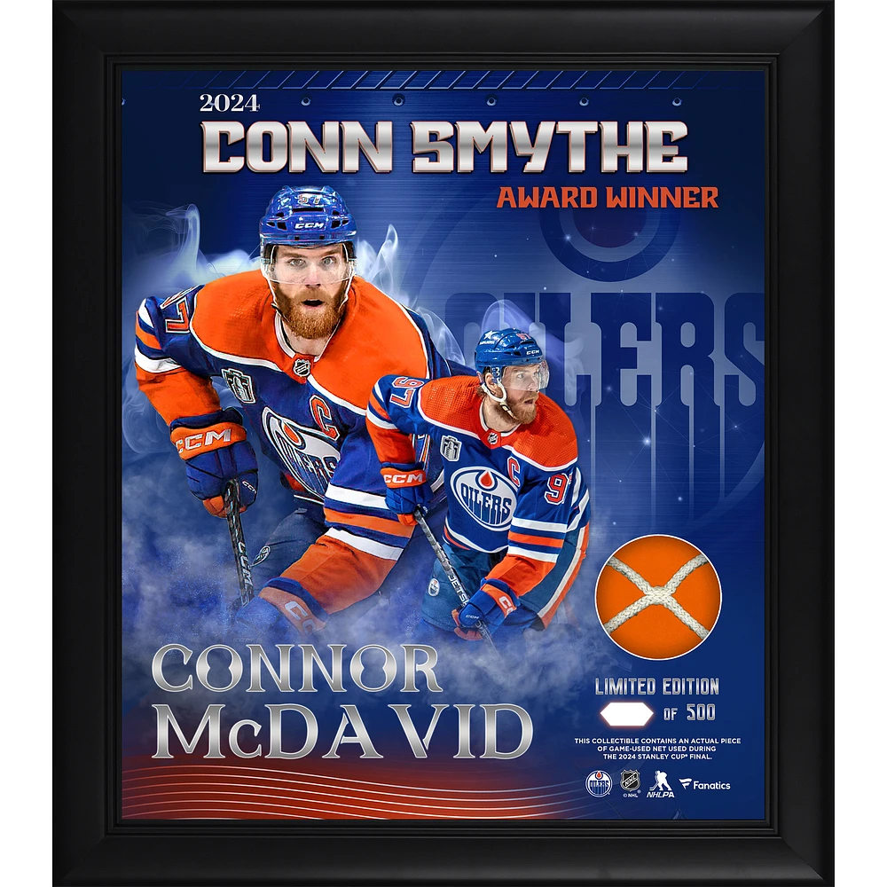 Connor McDavid Edmonton Oilers 2024 Conn Smythe Trophy Winner Framed 15" x 17" Conn Smythe Collage with a Piece of Game-Used Net from the 2024 Stanley Cup Final - Limited Edition of 500