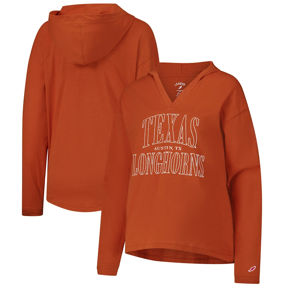 Women's League Collegiate Wear Texas Orange Longhorns Slub Long Sleeve V-Neck Hoodie T-Shirt
