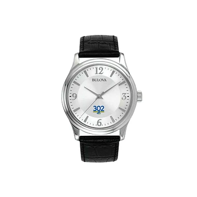 Men's Bulova Delaware Fightin' Blue Hens Silver-Tone Leather Strap Watch