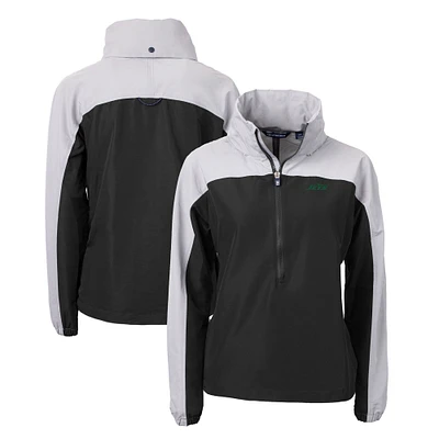 Women's Cutter & Buck Black New York Jets Primary Logo Charter Eco Recycled Half-Zip Hoodie Anorak Jacket